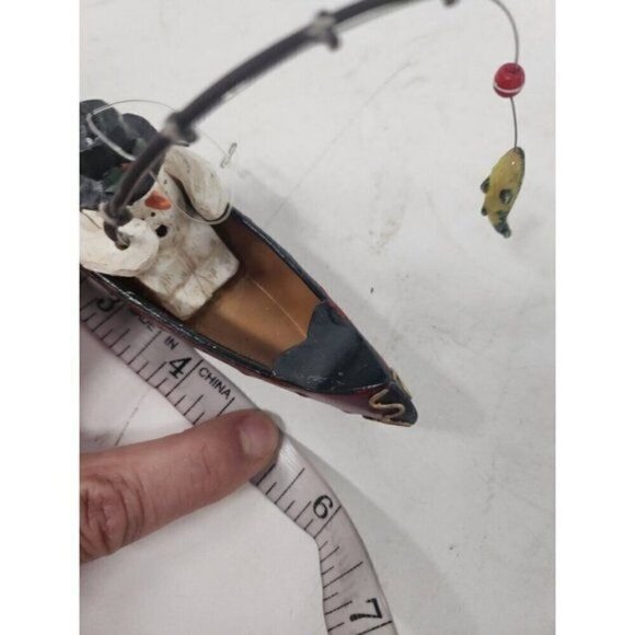 VINTAGE Christmas Tree Ornament Fishing Snowman In Metal Boat Fisherman Decor 6" - Picture 8 of 8